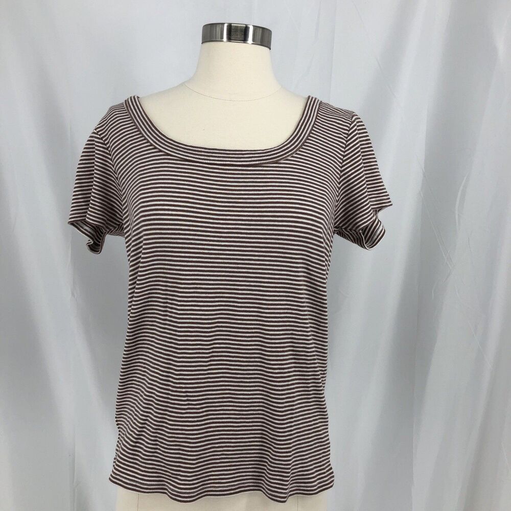 Loft Womens Brown White Striped Ribbed Scoop Neck T-Shirt Size L
